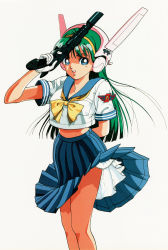 Rule 34 | 1girl, arm behind back, blue eyes, blue skirt, cropped shirt, emblem, feet out of frame, gloves, green hair, gun, hairband, headgear, highres, holding, holding gun, holding weapon, long hair, looking at viewer, midriff, open mouth, original, petticoat, pleated skirt, short sleeves, simple background, skirt, solo, u-jin, weapon, white background, white gloves, wind, wind lift