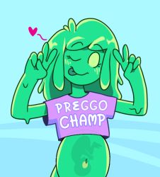 Rule 34 | 1girl, bottomless, double v, monster girl, pregnant, shirt, slime girl, t-shirt, third-party edit, tongue, tongue out, troubles, v, vinesauce, wink