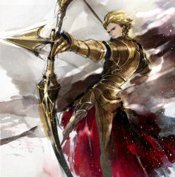Rule 34 | 1boy, arrow (projectile), blonde hair, bow (weapon), drawing bow, fate/stay night, fate (series), gilgamesh (fate), holding bow (weapon), male focus, noudondon, red eyes, sketch, solo, weapon