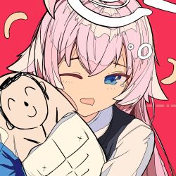 Rule 34 | 1girl, absurdres, ahoge, blue archive, blue eyes, commentary request, crossed bangs, doodle sensei (blue archive), hair between eyes, halo, highres, holding, hoshino (blue archive), long hair, long sleeves, looking at viewer, nanxiacheng1, one eye closed, open mouth, pink hair, red background, sensei (blue archive), shirt, simple background, upper body, white halo, white shirt