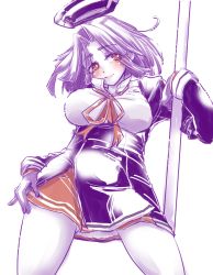 Rule 34 | 10s, 1girl, blush, breasts, brown eyes, cowboy shot, dress, enshima akira, eyes visible through hair, female focus, gloves, hair intakes, halo, hand on own hip, kantai collection, large breasts, long sleeves, looking at viewer, looking down, mechanical halo, multiple monochrome, neck ribbon, polearm, purple hair, ribbon, short dress, simple background, sketch, smile, solo, spread legs, tatsuta (kancolle), weapon, white background