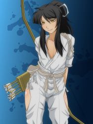 Rule 34 | 10s, 1boy, androgynous, archery, arrow (projectile), artist request, black hair, blush, bow, drifters, highres, long hair, male focus, nasu no yoichi, ponytail, shiny skin, smile, solo, trap, yellow eyes