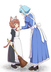 Rule 34 | 2girls, :&lt;, animal ears, apron, blue hair, broom, brown eyes, brown hair, height difference, highres, holding, juliet sleeves, long sleeves, maid, maid apron, maid headdress, messy hair, multiple girls, original, puffy sleeves, short hair, tail, ueyama michirou, white background, your tie is crooked