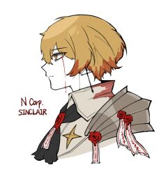 Rule 34 | 1boy, armor, ascot, black ascot, blonde hair, blood, bloody tears, collared shirt, highres, limbus company, matiyan923, pauldrons, portrait, profile, project moon, shirt, shoulder armor, simple background, sinclair (project moon), single pauldron, solo, talisman, wax seal, white background, white shirt, yellow eyes