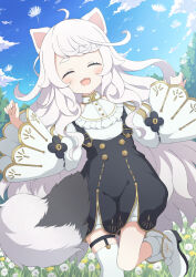 Rule 34 | 1girl, animal ears, blue sky, blush, buttons, cat ears, cat girl, closed eyes, cloud, cloudy sky, commission, curly hair, dandelion, dandelion seed, day, dutch angle, fangs, flower, frills, highres, long hair, looking at viewer, open mouth, original, outdoors, running, skeb commission, sky, solo, thick eyebrows, tyakomes, white hair, wide sleeves