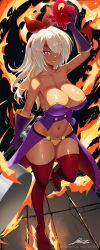 Rule 34 | 1girl, breasts, cleavage, fire, gloves, grin, hair over one eye, highres, holding, large breasts, legs, long hair, navel, purple eyes, purple gloves, red thighhighs, revenantart, shantae (series), signature, smile, solo, squid smith, squidsmith (shantae), thighhighs, white hair