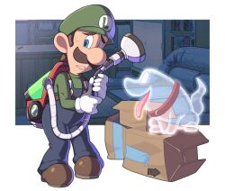 Rule 34 | 1boy, arrow (symbol), blue eyes, blue pants, bookshelf, box, brown footwear, brown hair, buttons, cardboard box, couch, desk, dog, facial hair, full body, ghost, gloves, green shirt, hands up, hoshikuzu pan, long sleeves, looking at viewer, luigi, luigi&#039;s mansion, luigi&#039;s mansion 3, male focus, mario (series), mustache, nintendo, open mouth, overalls, pants, parted lips, poltergust g-00, polterpup, raised eyebrows, scared, shelf, shirt, shoes, short hair, solo, standing, sweatdrop, tongue, tongue out, vacuum cleaner, white gloves