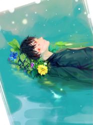 Rule 34 | 1boy, bad id, bad pixiv id, black hair, blood, blood on face, flower, highres, lying on water, male focus, ophelia (painting), red eyes, short hair, solo, water, yomii ba chu