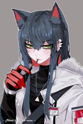 Rule 34 | 1girl, animal ears, arknights, artist name, black gloves, black hair, black shirt, colored inner hair, earclip, extra ears, food, food in mouth, fur-trimmed hood, fur trim, gloves, green eyes, grey background, hair between eyes, half-closed eyes, highres, holding, holding food, hood, hood down, hooded jacket, jacket, jewelry, light blush, looking at viewer, lyris-sama, mouth hold, multicolored hair, necklace, official alternate costume, open clothes, open jacket, pocky, red hair, shirt, sidelocks, simple background, solo, texas (arknights), texas (winter messenger) (arknights), two-tone hair, upper body, white jacket, wolf ears, wolf girl