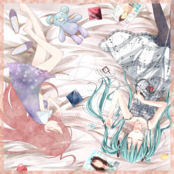 Rule 34 | 2girls, ahoge, aoi kujira, apple, aqua hair, collaboration, digital media player, dress, closed eyes, food, fruit, hatsune miku, headphones, jewelry, key, lemon, long hair, lying, magazine (object), multiple girls, musical note, necklace, pantyhose, red hair, sf-a2 miki, shoes, unworn shoes, string, string of fate, stuffed animal, stuffed toy, teddy bear, twintails, upside-down, vocaloid