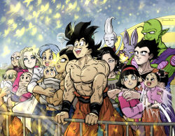 Rule 34 | 5girls, 6+boys, abs, amartbee, android 17, android 18, antennae, arm around neck, baby, bald, beard, beerus, bib, black eyes, black hair, blonde hair, blue eyes, blue hair, blue skin, bra (dragon ball), bug, bulma, butterfly, carrying, colored skin, crossed arms, dragon ball, dragon ball super, facial hair, facial mark, father and daughter, flying, forehead mark, green skin, hair bobbles, hair ornament, hairband, height difference, husband and wife, insect, kuririn, mother and daughter, multiple boys, multiple girls, muscular, muscular male, muten roushi, old, old man, open mouth, pan (dragon ball), piccolo, pointy ears, railing, red hairband, scar, scar on arm, short hair, smile, son gohan, son goku, sunglasses, tearing up, tenshinhan, third eye, toei animation, torn clothes, twitter username, vegeta, videl, whis, white hair