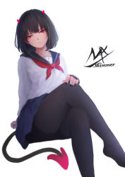 Rule 34 | 1girl, artist name, black hair, black nails, black pantyhose, black sailor collar, blue skirt, closed mouth, crossed legs, demon girl, demon horns, demon tail, feet out of frame, highres, horns, long sleeves, looking at viewer, nail polish, neckerchief, no shoes, original, pantyhose, pleated skirt, red eyes, red neckerchief, sailor collar, school uniform, serafuku, shimmer, shirt, simple background, sitting, skirt, solo, tail, white background, white shirt