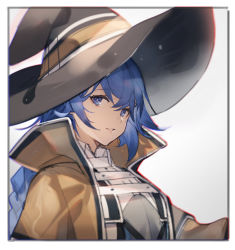 Rule 34 | 1girl, absurdres, black hat, blue eyes, blue hair, border, braid, braided ponytail, breasts, brown coat, coat, copyright request, grey background, hat, high collar, highres, looking at viewer, mooofoo, mushoku tensei, open clothes, open coat, parted lips, portrait, roxy migurdia, simple background, single braid, smile, solo, white border, wing collar, witch hat