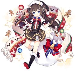 Rule 34 | 1girl, ark order, bare shoulders, black dress, black footwear, black gloves, black hat, blush, boots, bow, bowtie, brown hair, chimi-mouryou (ark order), christmas, christmas ornaments, christmas tree, detached sleeves, double bun, dragon horns, dress, full body, fur-trimmed boots, fur-trimmed gloves, fur-trimmed headwear, fur collar, fur trim, gift, gift bag, gingerbread man, gloves, hagoromo, hair bun, hat, horns, long hair, looking at viewer, official art, open mouth, paw print palms, pom pom (clothes), puffy short sleeves, puffy sleeves, red bow, red bowtie, santa hat, scarf, shawl, short sleeves, sidelocks, solo, sparkle, star (symbol), tachi-e, transparent background, tsukimi (xiaohuasan), two side up, unworn scarf