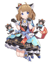 Rule 34 | 1girl, ahoge, animal ear fluff, animal ears, arms up, bell, black footwear, black gloves, blue dress, blue eyes, boots, bow, bowtie, brown hair, cat, cat ears, cat tail, chiri (ch!), commentary, crown, dress, frilled dress, frilled gloves, frills, full body, fur-trimmed boots, fur-trimmed gloves, fur trim, gloves, highres, idolmaster, idolmaster million live!, jumping, mini crown, paw pose, paw print, paw print pattern, short hair, short sleeves, simple background, solo, striped bow, striped bowtie, striped clothes, striped neckwear, striped tail, suou momoko, tail, waist bow, white background