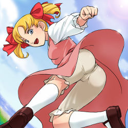 Rule 34 | 1990s (style), 1girl, ass, blonde hair, bloomers, blue eyes, cameltoe, day, female focus, hair ribbon, haruyama kazunori, looking at viewer, looking back, lowres, outdoors, peter pan no bouken, retro artstyle, ribbon, short twintails, socks, solo, twintails, underwear, upskirt, wendy darling, white bloomers, white socks