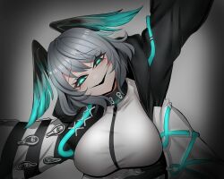 Rule 34 | 1girl, :d, abineko, absurdres, aqua eyes, arknights, blush, breasts, commentary, english commentary, fangs, grey hair, head tilt, head wings, highres, ho&#039;olheyak (arknights), jacket, large breasts, looking at viewer, open mouth, parted lips, short hair, simple background, smile, solo, upper body, wings