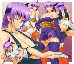 Rule 34 | 1girl, alternate costume, ass, ayane (doa), bad id, bad pixiv id, bare shoulders, breasts, buruma, cleavage, dead or alive, detached sleeves, gym uniform, headband, ibanen, large breasts, latex, lying, naked overalls, one eye closed, overalls, panties, pants, purple hair, short hair, spandex, tecmo, thighhighs, underwear, wink