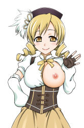 Rule 34 | 10s, 1girl, blonde hair, blush, bow, breast slip, breasts, drill hair, elbow gloves, fingerless gloves, gloves, hat, large breasts, magical girl, mahou shoujo madoka magica, mahou shoujo madoka magica (anime), nipples, one breast out, open clothes, skirt, smile, solo, tomoe mami, twin drills, twintails, unagimaru, yellow eyes