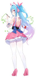 Rule 34 | 1girl, animal ear headphones, animal ears, apron, back bow, backless dress, backless outfit, blue bow, blue hair, bow, character request, closed mouth, commentary, detached sleeves, dress, electric plug tail, fake animal ears, floating hair, frilled dress, frills, full body, gradient hair, hair ribbon, headphones, high heels, highres, holding, holding stylus, long hair, looking at viewer, looking back, maid, maid apron, maid headdress, meettheton, multicolored hair, original, panties, panties under pantyhose, pantyhose, pantyshot, pink dress, pink eyes, pink footwear, pink hair, pink ribbon, platform footwear, pleated dress, ribbon, see-through, see-through sleeves, simple background, sleeveless, sleeveless dress, solo, standing, streaked hair, stylus, symbol-only commentary, underbutt, underwear, very long hair, white apron, white background, white pantyhose