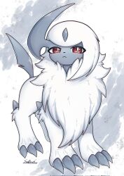 Rule 34 | absol, animal focus, bright pupils, claws, closed mouth, commentary request, creatures (company), forehead jewel, frown, game freak, gen 3 pokemon, grey background, highres, horns, looking at viewer, nintendo, no humans, pokemon, pokemon (creature), red eyes, signature, single horn, soruva 359, tail, two-tone background, white background, white fur, white pupils