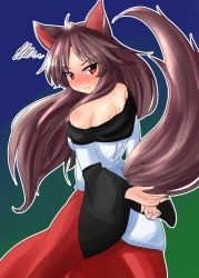 Rule 34 | &gt;:(, 1girl, animal ears, bare shoulders, blush, brown hair, cowboy shot, dress, fang, from side, frown, highres, imaizumi kagerou, long hair, long sleeves, looking at viewer, looking to the side, nose blush, off-shoulder dress, off shoulder, oshiaki, red eyes, solo, squiggle, tail, touhou, v-shaped eyebrows, wide sleeves, wolf ears, wolf tail