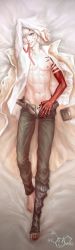 Rule 34 | 1boy, abs, allen walker, arm over head, bad id, bad pixiv id, barefoot, c8h11no2, chemical structure, coat, d.gray-man, dakimakura (medium), full body, grey eyes, highres, male focus, nipples, one eye closed, open clothes, open pants, open shirt, pale skin, pants, scar, shirt, signature, smile, solo, tattoo, open belt, underwear, white hair