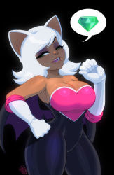 Rule 34 | 1girl, animal ears, bare shoulders, bat ears, bat girl, bat wings, black background, bodysuit, breasts, cleavage, commentary, dark-skinned female, dark skin, elbow gloves, english commentary, eyelashes, fangs, gem, gloves, green eyes, half-closed eyes, hand on own hip, hand up, highres, humanization, large breasts, light smile, lips, looking at viewer, medium hair, open mouth, raised eyebrow, rouge the bat, shiny skin, signature, simple background, solo, sonic (series), strapless, swept bangs, tovio rogers, white hair, wings