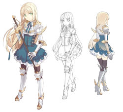 Rule 34 | armor, black thighhighs, blonde hair, bow, corset, dress, gauntlets, greaves, green eyes, h2so4, high heels, lace, long hair, medieval, pauldrons, ribbon, shoes, shoulder armor, skirt, sword, thighhighs, weapon, wings, zettai ryouiki