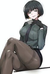 Rule 34 | 1girl, allmind (armored core 6), armored core, armored core 6, black hair, black necktie, black skirt, bob cut, breast pocket, breasts, business card, collared shirt, crossed legs, dutch angle, earrings, gloves, green eyes, green shirt, highres, jewelry, large breasts, las91214, long sleeves, looking at viewer, military, military uniform, miniskirt, necktie, open mouth, pantyhose, pencil skirt, pocket, shirt, short hair, simple background, sitting, skirt, smile, solo, thick thighs, thighband pantyhose, thighs, uniform, white background