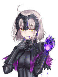 Rule 34 | ahoge, armor, armored dress, bad id, bad pixiv id, black capelet, black dress, blood, blood in mouth, blue blood, blush, breasts, capelet, colored blood, commentary request, dress, fate/apocrypha, fate/grand order, fate (series), gradient capelet, hands up, headpiece, heart, heart (organ), holding, holding heart, jeanne d&#039;arc (fate), jeanne d&#039;arc alter (avenger) (fate), jeanne d&#039;arc alter (fate), medium breasts, parted lips, purple capelet, seungju lee, silver hair, simple background, solo, tongue, tongue out, white background, yellow eyes