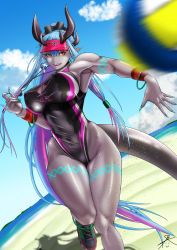 Rule 34 | 1girl, absurdres, armpits, artist request, ball, beach, black one-piece swimsuit, blue sky, breasts, cleavage, cleavage cutout, clothing cutout, competition swimsuit, curvy, dark-skinned female, dark skin, fate/grand order, fate (series), highleg, highleg swimsuit, highres, horns, ibuki douji (fate), ibuki douji (swimsuit berserker) (fate), jumping, large breasts, lips, long hair, looking at viewer, monster girl, motion blur, one-piece swimsuit, oni horns, playing sports, red eyes, revealing clothes, shiny clothes, shiny skin, sky, smile, solo, sweat, swimsuit, thick thighs, thighs, very long hair, volleyball, volleyball (object), water, wide hips