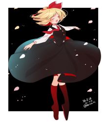 Rule 34 | 1girl, artist name, bad id, bad twitter id, black background, black skirt, blonde hair, buttons, closed eyes, dated, full body, gotou (nekocat), hair ribbon, music, necktie, open mouth, outstretched arms, red legwear, red necktie, red ribbon, ribbon, rumia, singing, skirt, skirt set, solo, touhou, twitter username, vest
