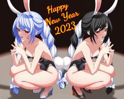 Rule 34 | 2023, absurdres, alternate color, animal ears, bare legs, black footwear, black hair, black leotard, blue hair, braid, breasts, chinese zodiac, commentary, dual persona, english commentary, extra ears, happy new year, high heels, highres, hikimayu, hololive, leotard, long hair, mcbox, mixed-language commentary, multicolored hair, nengajou, new year, parted hair, playboy bunny, rabbit ears, rabbit tail, red eyes, short eyebrows, small breasts, squatting, steepled fingers, tail, thick eyebrows, twin braids, twintails, two-tone hair, usada pekora, virtual youtuber, white footwear, white hair, year of the rabbit