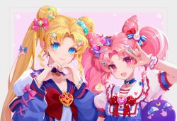 Rule 34 | 2girls, :d, accessories, bishoujo senshi sailor moon, blonde hair, blue choker, blue eyes, bow, bracelet, breasts, chibi usa, choker, cleavage, closed mouth, collarbone, commentary request, crescent, cross-laced clothes, drill hair, drill sidelocks, earrings, forehead, gem, hair bow, hair ornament, hair ribbon, hairclip, hand up, heart, heart hands, highres, jewelry, long sleeves, looking at viewer, multiple girls, mushroommirror, nail polish, open mouth, parted bangs, pink eyes, pink hair, pink nails, puffy long sleeves, puffy short sleeves, puffy sleeves, ribbon, sailor moon, short sleeves, short twintails, sidelocks, smile, tsukino usagi, twintails, upper body, wrist cuffs
