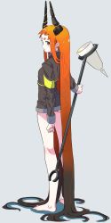 Rule 34 | 1girl, absurdly long hair, ass, black hair, black jacket, bottomless, bouen, full body, gradient hair, highres, horns, jacket, long hair, looking at viewer, looking back, multicolored hair, open mouth, orange hair, original, see-through, sidelocks, solo, standing, thick eyebrows, thighs, translucent hair, very long hair