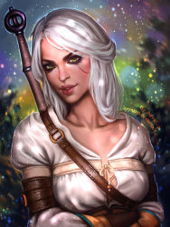 Rule 34 | 1girl, ciri, gradient background, green eyes, lips, looking at viewer, parted lips, realistic, scar, short hair, silver hair, solo, sword, the witcher (series), the witcher 3, upper body, weapon