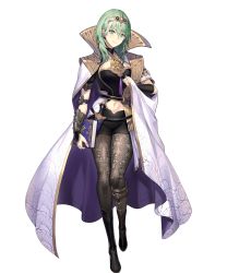 Rule 34 | 1girl, arm guards, armor, belt, black footwear, book, boots, brown pantyhose, byleth (female) (fire emblem), byleth (fire emblem), cape, closed mouth, dagger, fire emblem, fire emblem: three houses, fire emblem heroes, full body, gold trim, green eyes, green hair, highres, holding, jewelry, kakage, knee boots, knife, looking at viewer, midriff, navel, nintendo, official art, pantyhose, pantyhose under shorts, print pantyhose, shiny clothes, short hair, short sleeves, shorts, smile, solo, standing, stomach, tiara, transparent background, weapon