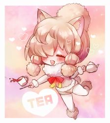 Rule 34 | 10s, 1girl, :d, alpaca ears, alpaca suri (kemono friends), alpaca tail, animal ears, big hair, chibi, cup, fur collar, hair over one eye, heart, holding, kemono friends, mamaloni, neck ribbon, one eye covered, open mouth, pantyhose, ribbon, short shorts, shorts, smile, solo, standing, standing on one leg, tail, tea, teacup, teapot, topknot, tray, white pantyhose