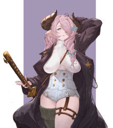 Rule 34 | 1girl, absurdres, asymmetrical legwear, between breasts, black coat, blue eyes, blush, braid, breasts, coat, draph, granblue fantasy, hair ornament, hair over one eye, highres, horns, katana, large breasts, long hair, looking at viewer, narmaya (granblue fantasy), open mouth, pink hair, pointy ears, single thighhigh, solo, strap between breasts, sweater, sword, thigh strap, thighhighs, turtleneck, turtleneck sweater, very long hair, weapon, white sweater, yu pian