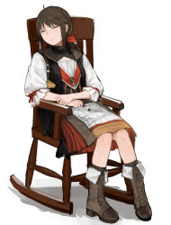 Rule 34 | 1girl, absurdres, boots, bow, brown hair, chair, combat boots, dress, european clothes, closed eyes, falcon (girls&#039; frontline), flat chest, girls&#039; frontline, hair bow, highres, open mouth, rampart1028, rocking chair, sitting, sleeping, solo, traditional clothes, white background