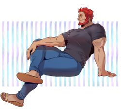 Rule 34 | 1boy, bara, beard, biceps, dark-skinned male, dark skin, denim, facial hair, fate/grand order, fate/zero, fate (series), halorane, highres, iskandar (fate), jeans, looking to the side, male focus, manly, mature male, muscular, muscular male, pants, pectorals, red eyes, red hair, sandals, shirt, simple background, sitting, smile, solo, t-shirt, thick arms, thick eyebrows, thick thighs, thighs, tight clothes