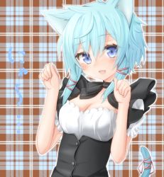 Rule 34 | 10s, 1girl, :d, animal ears, aqua eyes, aqua hair, blue eyes, blue hair, blush, breasts, cat ears, cat tail, cleavage, colored eyelashes, fang, long hair, maid, open mouth, paw pose, plaid, plaid background, rateratte, short hair, sinon, sinon (sao-alo), smile, sword art online, tail