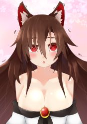 Rule 34 | 1girl, animal ears, blush, breasts, brooch, brown hair, cleavage, collarbone, crying, dress, eyes visible through hair, hair over one eye, highres, imaizumi kagerou, jewelry, large breasts, looking at viewer, off-shoulder shirt, off shoulder, open mouth, red eyes, shirosama (olheat), shirt, solo, tail, tears, touhou, trembling, wide sleeves, wolf ears, wolf tail