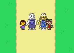 Rule 34 | 3girls, androgynous, animal ears, animated, animated gif, blonde hair, brown eyes, brown hair, chen, crossover, frisk (undertale), furry, furry female, goat ears, hat, holding hands, horrorship, multiple girls, multiple tails, pixel art, smile, tail, toriel, touhou, two tails, undertale, walking, yakumo ran, yellow eyes