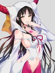 Rule 34 | 1girl, bare shoulders, black hair, breasts, commentary, detached sleeves, dress, facial mark, fate/grand order, fate (series), forehead mark, grey background, grin, hand to own mouth, horns, ica, large breasts, long hair, long sleeves, looking at viewer, navel, parted lips, revealing clothes, sessyoin kiara, simple background, smile, solo, tattoo, veil, very long hair, white dress, yellow eyes