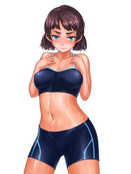 Rule 34 | 1girl, absurdres, aqua eyes, bad id, bad pixiv id, bike shorts, blush, brown hair, goemon23, hands on own chest, highres, looking at viewer, midriff, navel, original, shiny skin, short hair, solo, sports bra, white background
