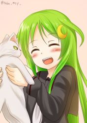 Rule 34 | 10s, 1girl, ^ ^, ^o^, animal, beige background, blush, cat, closed eyes, crescent, crescent hair ornament, green hair, hair ornament, holding, holding animal, kantai collection, kashisu mint, long hair, md5 mismatch, nagatsuki (kancolle), resized, simple background, smile, solo, teeth, twitter username, upper body