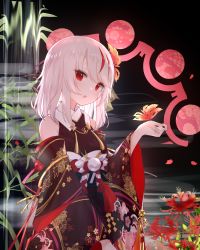 Rule 34 | 1girl, black kimono, breasts, commentary request, detached sleeves, floral print, flower, guo582, hair flower, hair ornament, hand up, highres, japanese clothes, kimono, kouhaku nawa, long sleeves, looking at viewer, multicolored hair, obi, open mouth, original, peony print, plant, print kimono, red eyes, red flower, red hair, rope, sash, shimenawa, solo, spider lily, streaked hair, upper body, water, white hair, wide sleeves
