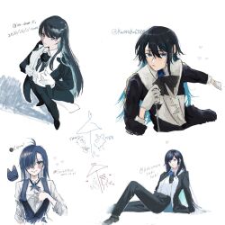 Rule 34 | 1girl, ado (utaite), adochansukisuki, ahoge, ai ai gasa, black bow, black bowtie, black coat, black flower, black hair, black pants, black rose, blue eyes, blue flower, blue hair, blue rose, blue vest, blush, bow, bowtie, chando (ado), closed mouth, cloud nine inc, coat, collaboration, collared shirt, colored inner hair, commentary request, cropped torso, dress shirt, flower, flower brooch, gloves, hair between eyes, hair over one eye, hand on own chest, heart, highres, inu draw, koruko (kaoruko67000), long hair, looking at viewer, merry (ado), multicolored hair, multiple views, open clothes, open coat, pants, readymade (ado), rose, shirt, sidelocks, simple background, sitting, spica (spica5f9ea0), twitter username, two-tone hair, upper body, utaite, vest, white background, white gloves, white shirt
